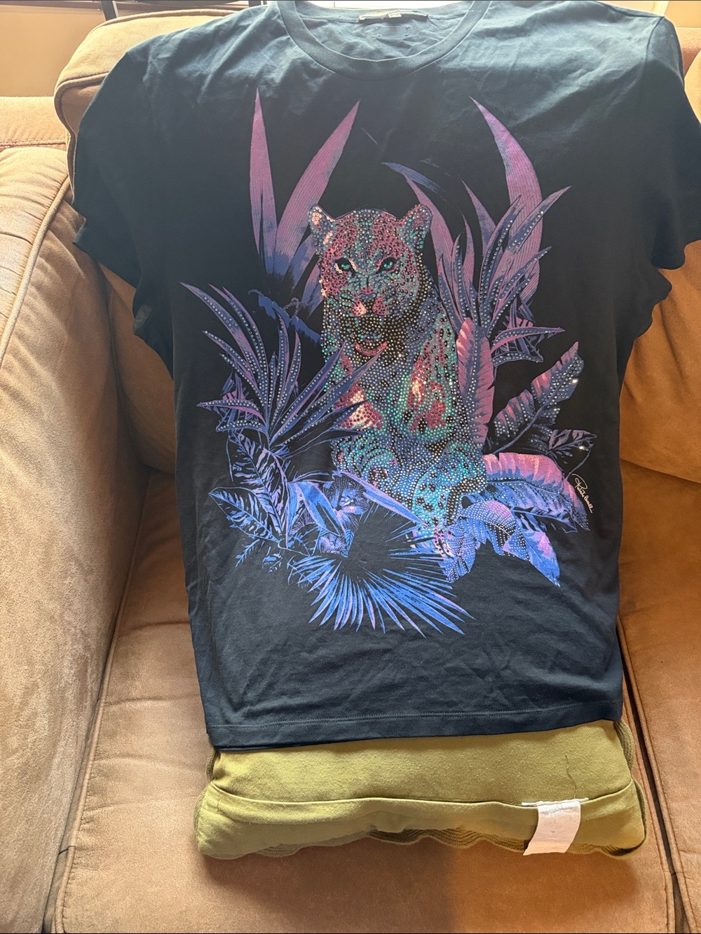 Roberto Cavalli Black Tee with Iridescent Jungle Leopard Graphic